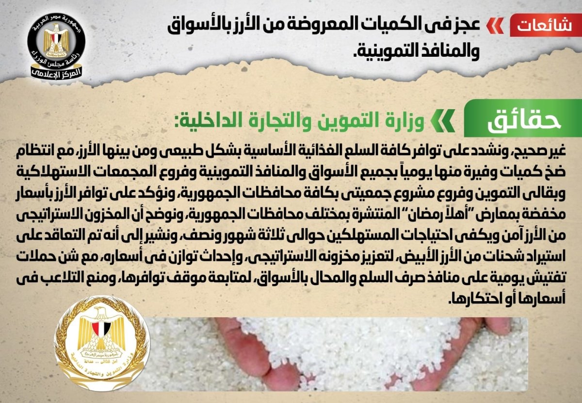 الحكومة تنفي شائعة عجز في كميات الأرز المعروضة بالأسواق والمنافذ التموينية