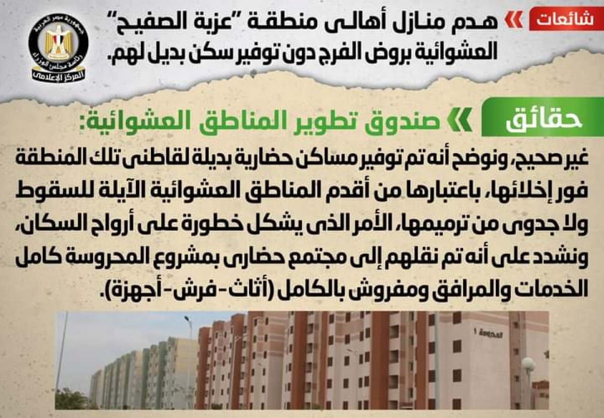 قرار الحكومة بشأن هدم منازل أهالي منطقة "عزبة الصفيح" العشوائية بروض الفرج دون توفير سكن بديل لهم