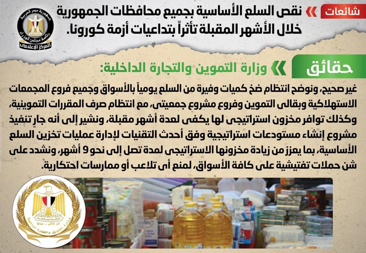 الحكومة تنفى شائعة نقص السلع الأساسية بجميع محافظات الجمهورية خلال الأشهر المقبلة