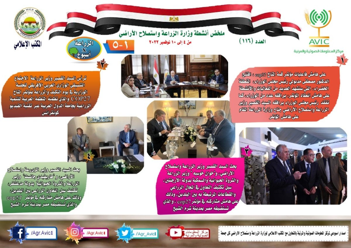 بالانفوجراف.. "الزراعة في اسبوع" نشرة الحصاد رقم 116 لأنشطة الوزارة في الفترة من 4 وحتى 10  نوفمبر الجاري