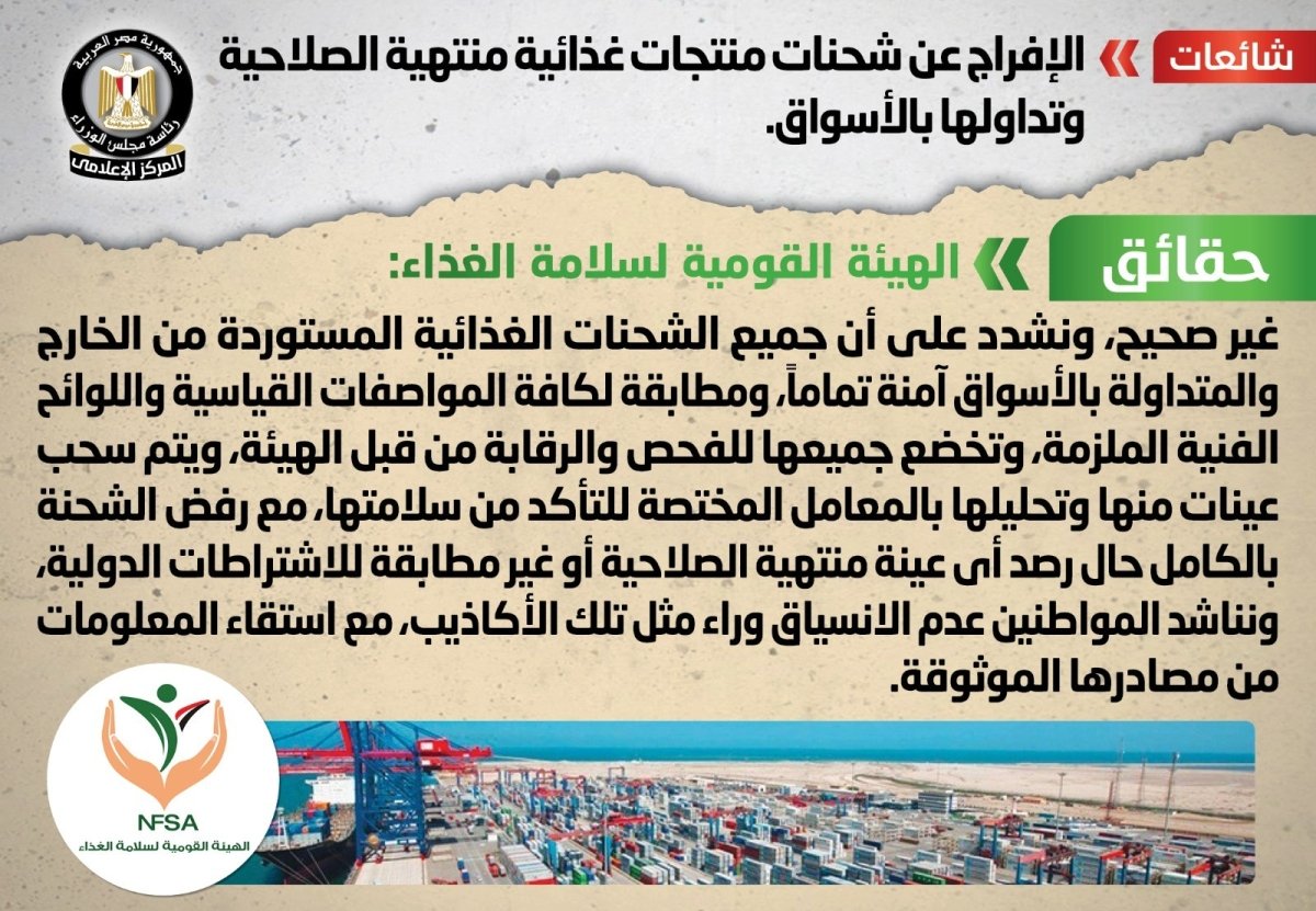 عاجل: الحكومة تنفي شائعة الإفراج عن شحنات منتجات غذائية منتهية الصلاحية وتداولها بالأسواق