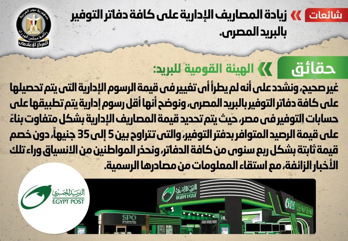 الحكومة تنفي شائعة زيادة المصاريف الإدارية على كافة دفاتر التوفير بالبريد المصري