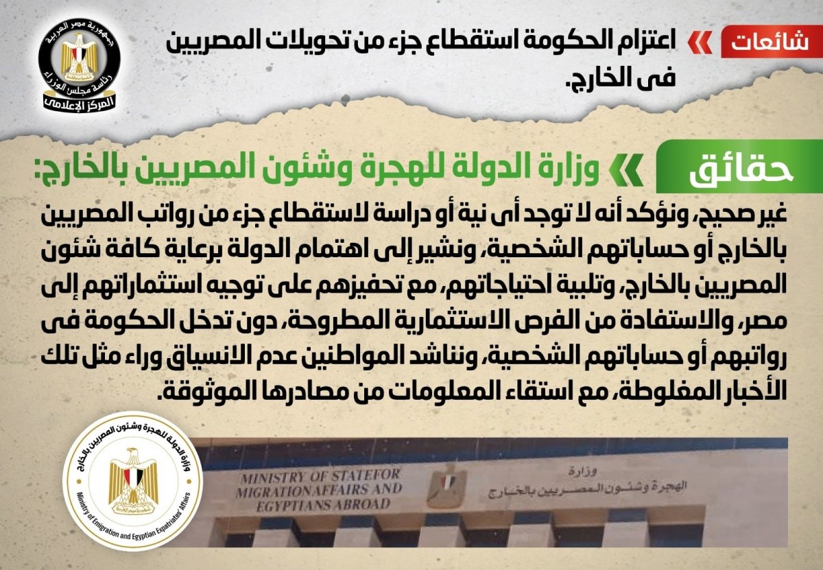 الحكومة تنفي شائعة اعتزام استقطاع جزء من تحويلات المصريين في الخارج