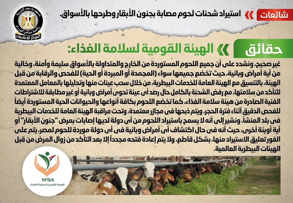 الحكومة تنفي شائعة استيراد شحنات لحوم مصابة بجنون الأبقار وطرحها بالأسواق