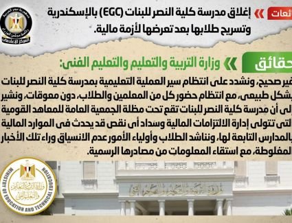 بعد تعرضها لأزمة مالية.. التعليم تنفي شائعة إغلاق مدرسة كلية النصر للبنات (EGC) بالإسكندرية وتسريح طلابها