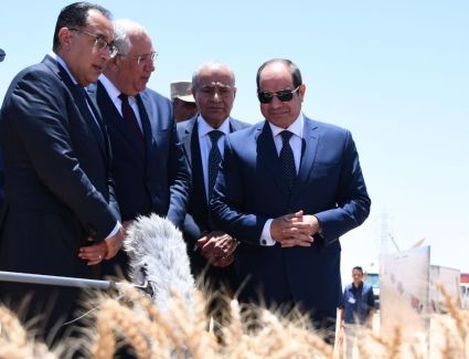 بالصور والفيديو.. الرئيس السيسي يشهد افتتاح موسم حصاد القمح من شرق العوينات