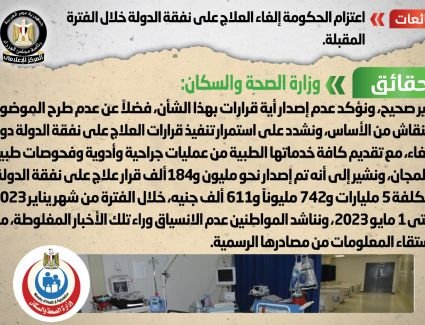 الحكومة تنفي شائعة إلغاء العلاج على نفقة الدولة خلال الفترة المقبلة