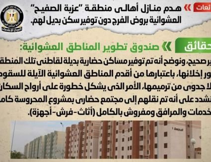 قرار الحكومة بشأن هدم منازل أهالي منطقة "عزبة الصفيح" العشوائية بروض الفرج دون توفير سكن بديل لهم