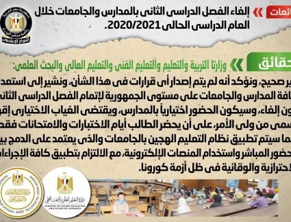 مجلس الوزراء: لا صحة لإلغاء الفصل الدراسي الثاني بالمدارس والجامعات خلال العام الدراسي الحالي