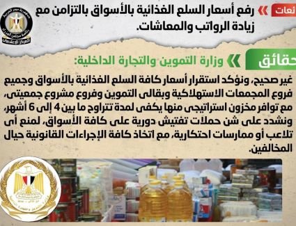 مجلس الوزراء ينفى رفع أسعار السلع الغذائية بالأسواق بالتزامن مع زيادة الرواتب والمعاشات