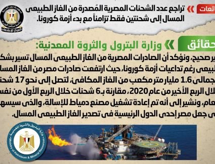 الحكومة تنفى شائعة تراجع عدد الشحنات المصرية المُصدرة من الغاز الطبيعي المسال إلى شحنتين فقط تزامناً مع بدء أزمة كورونا