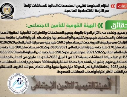 عاجل: الحكومة تنفي شائعة اعتزام تقليص المخصصات المالية للمعاشات تزامناً مع الأزمة الاقتصادية العالمية