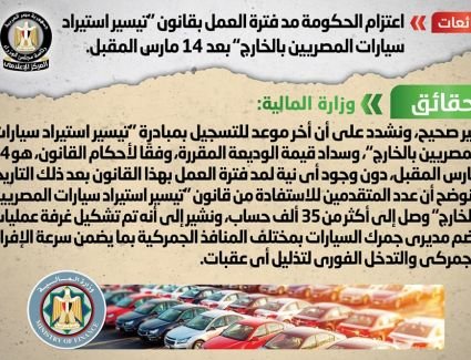 الحكومة تنفي شائعة مد فترة العمل بقانون "تيسير استيراد سيارات المصريين بالخارج" بعد 14 مارس المقبل