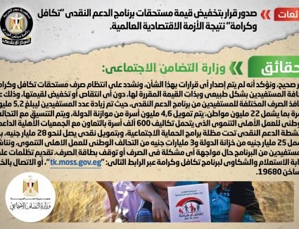 الحكومة تنفي صدور قرار بتخفيض قيمة مستحقات برنامج الدعم النقدي "تكافل وكرامة" نتيجة الأزمة الاقتصادية العالمية